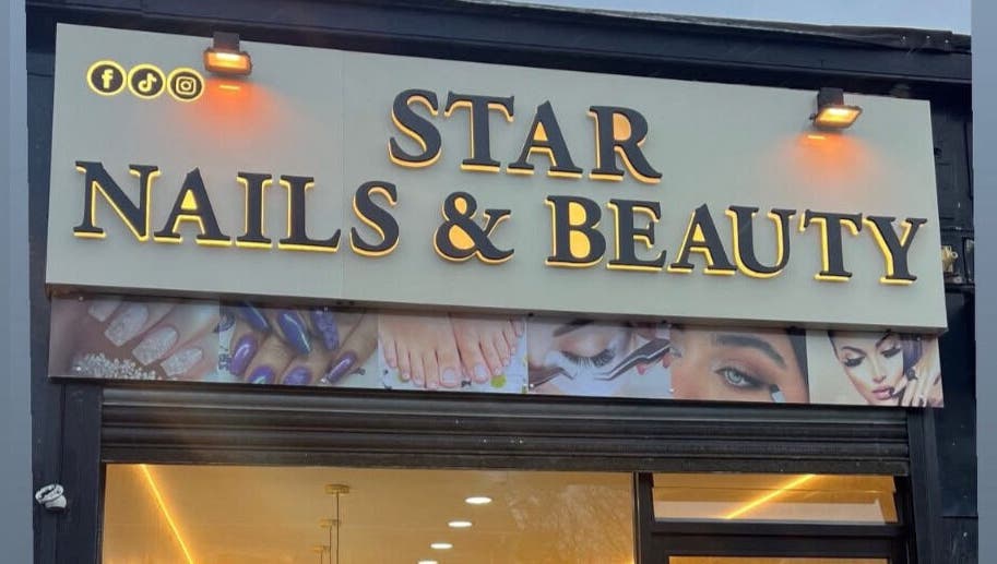 Front view of Star Nail & Beauty Riddrie signage in Glasgow, Scotland, GB, showcasing beauty services.