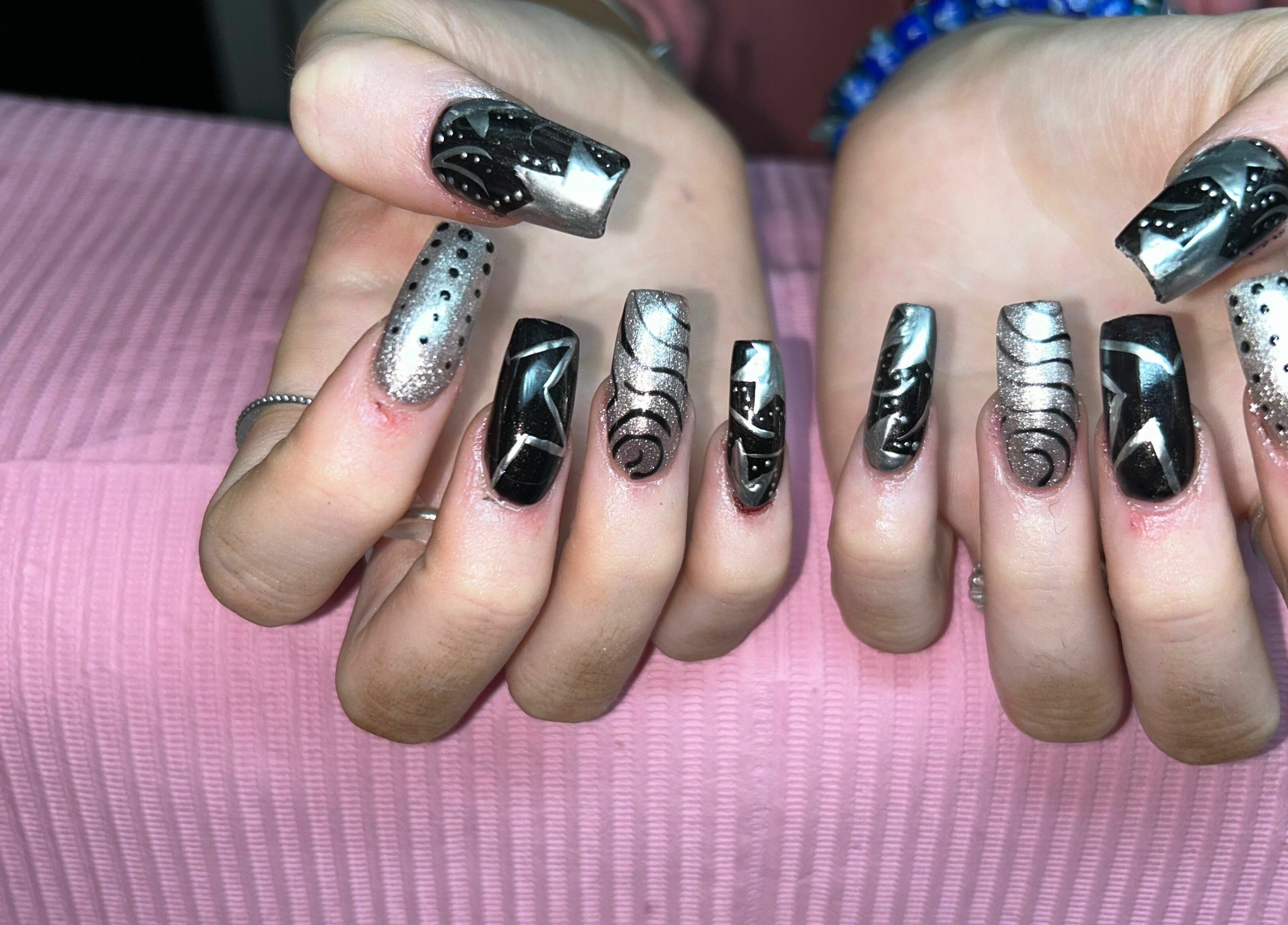 Chic black and silver nail art at Nailed It! in Sauchie, Scotland, GB.