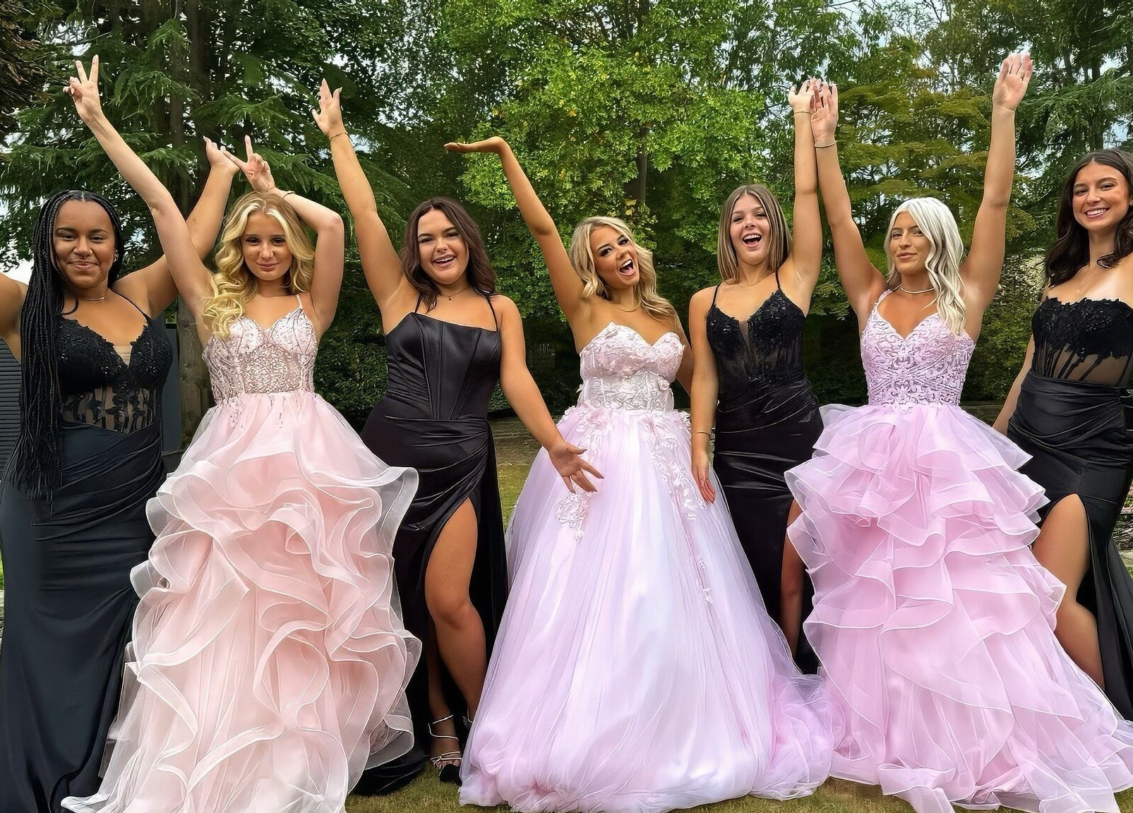Group of smiling women in formal gowns at The Prom Den - Horsforth, Horsforth, England, GB.