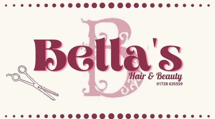 Elegant logo of Bella's Hair and Beauty in Leiston, England, GB with a pair of scissors illustration.