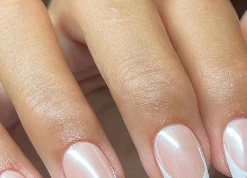 Elegant pearl nails manicure at Mbm Nails, Hadleigh, England, GB showcasing a stylish and refined nail design.