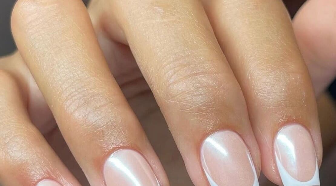 Elegant pearl nails manicure at Mbm Nails, Hadleigh, England, GB showcasing a stylish and refined nail design.