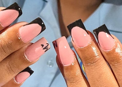 Stylish pink and black nail design at Deluxee Nails By Abby, Draxhall, St. Ann Parish, JM.