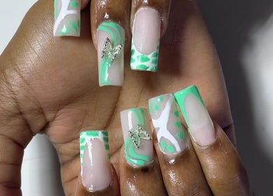 Mint green and white nail art with butterfly accents at Deluxee Nails By Abby, Draxhall, St. Ann Parish, JM.