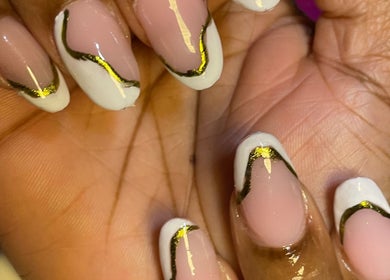 Stylish gold-accented nails from Deluxee Nails By Abby in Draxhall, St. Ann Parish, JM.