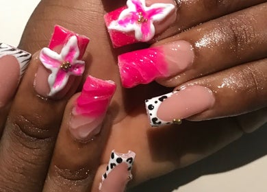 Intricate floral and print nail art at Deluxee Nails By Abby, Draxhall, St. Ann Parish, JM.