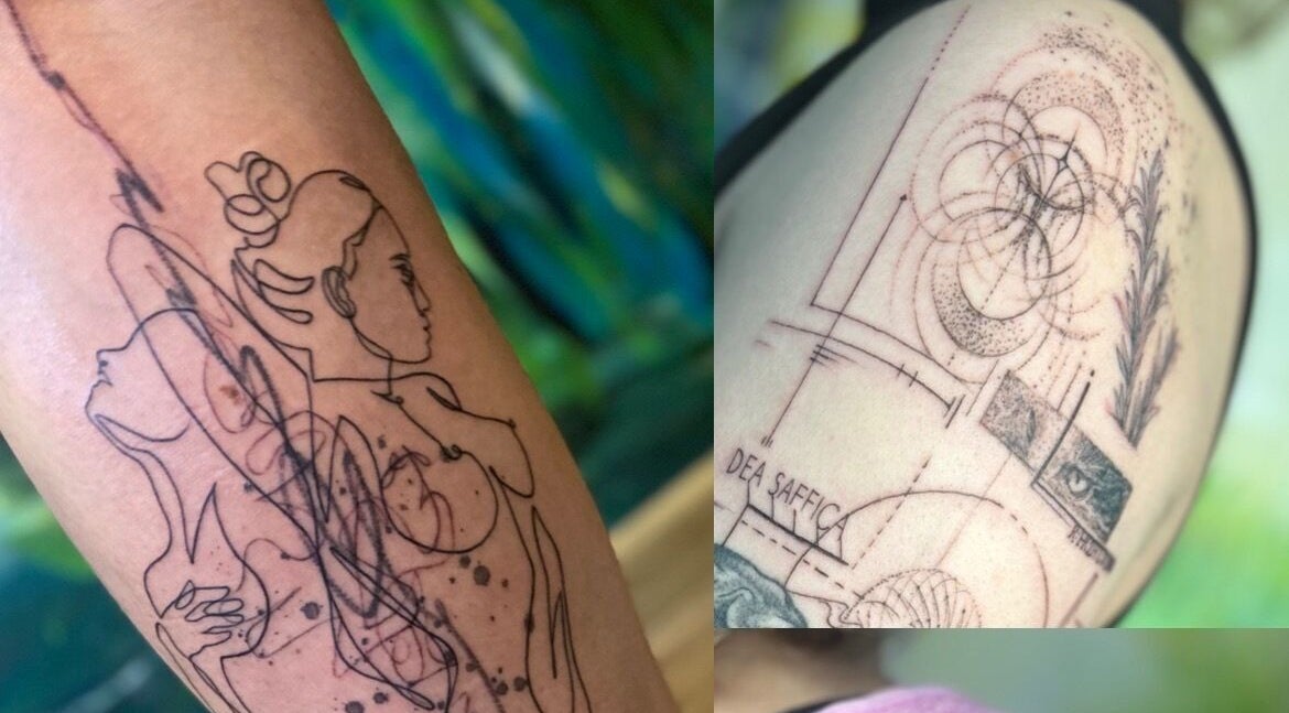 Detailreiche Tätowierungen bei Stichtag, Stuttgart, Baden-Württemberg, DE. Einzigartiges Körperkunst-Design.