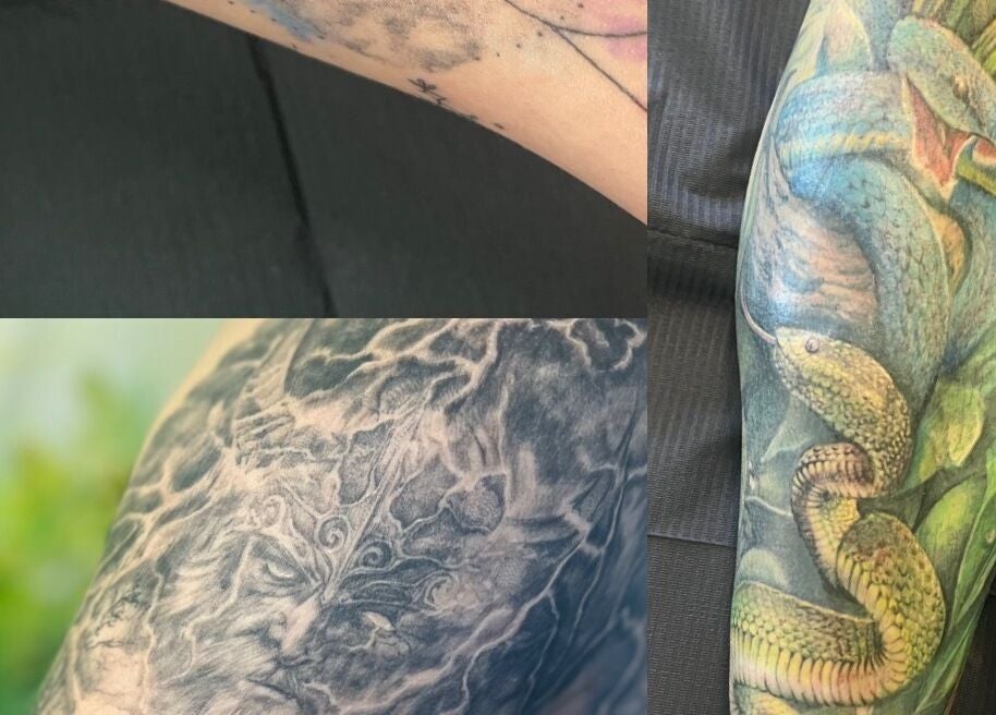 Detailreiche Tattoos bei Stichtag in Stuttgart, Baden-Württemberg, DE. Illustrationen von Schlangen und mystischen Motiven.