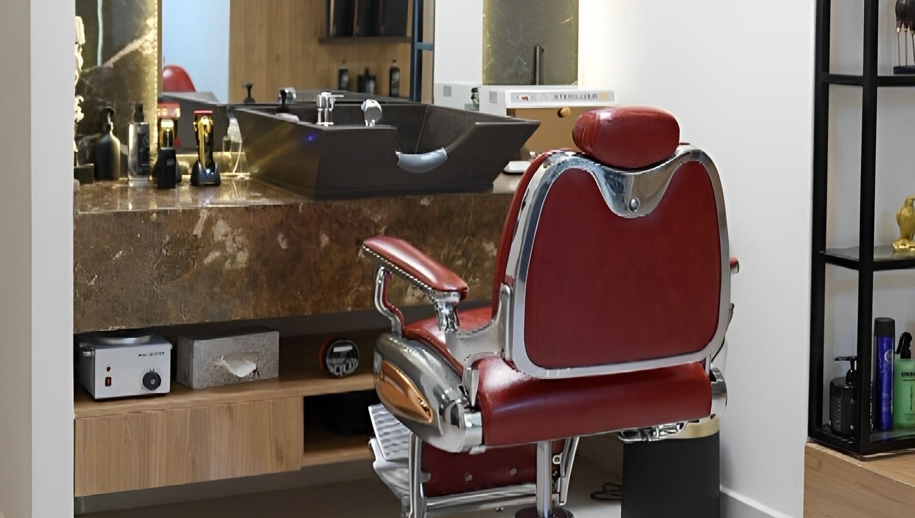 Vintage barber chair at Dax and Wax (Barbershop & Spa), Muscat, Muscat Governorate, OM, complementing modern decor.