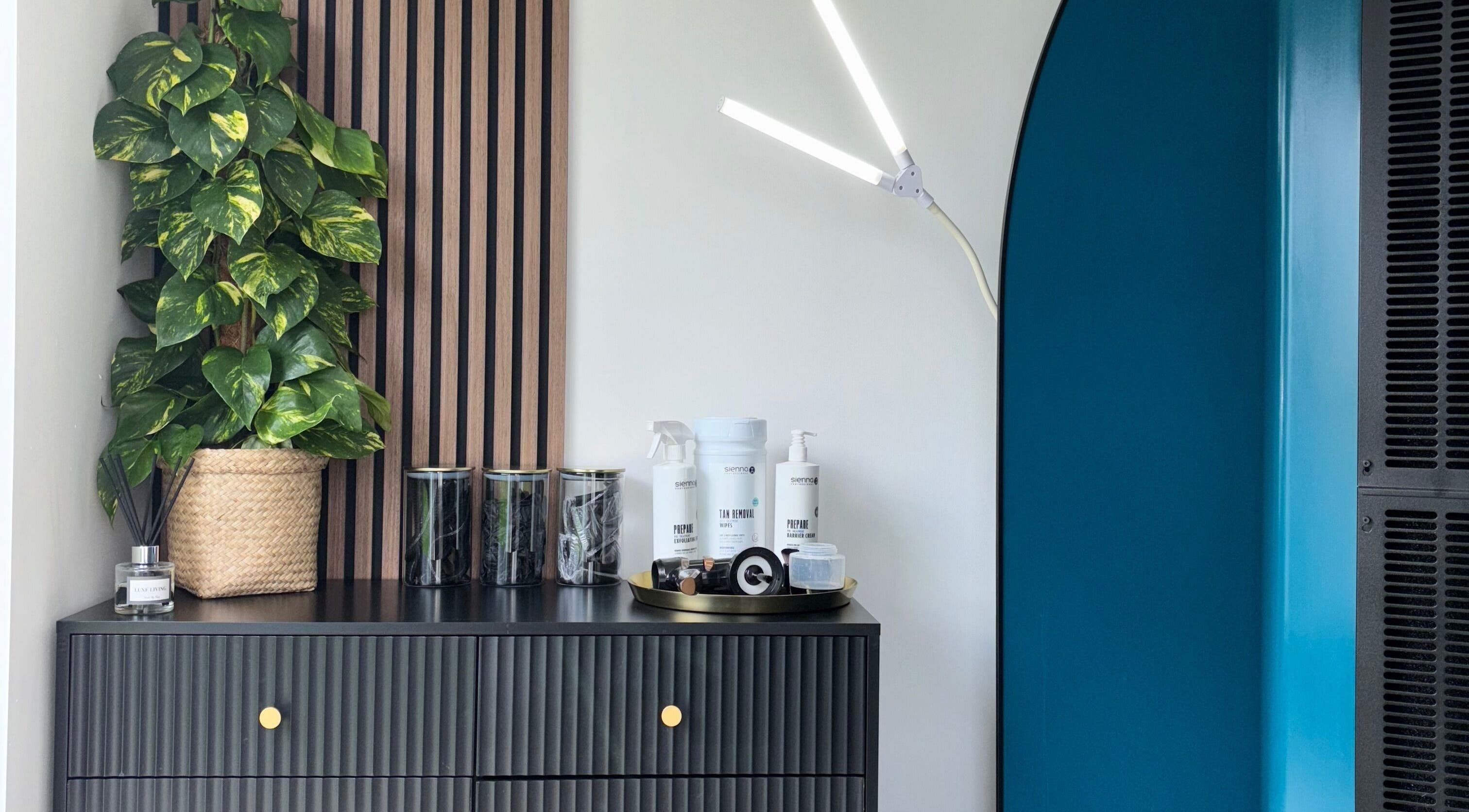 Stylish interior at Tan Club Liverpool, featuring plants and products, Liverpool, England, GB.