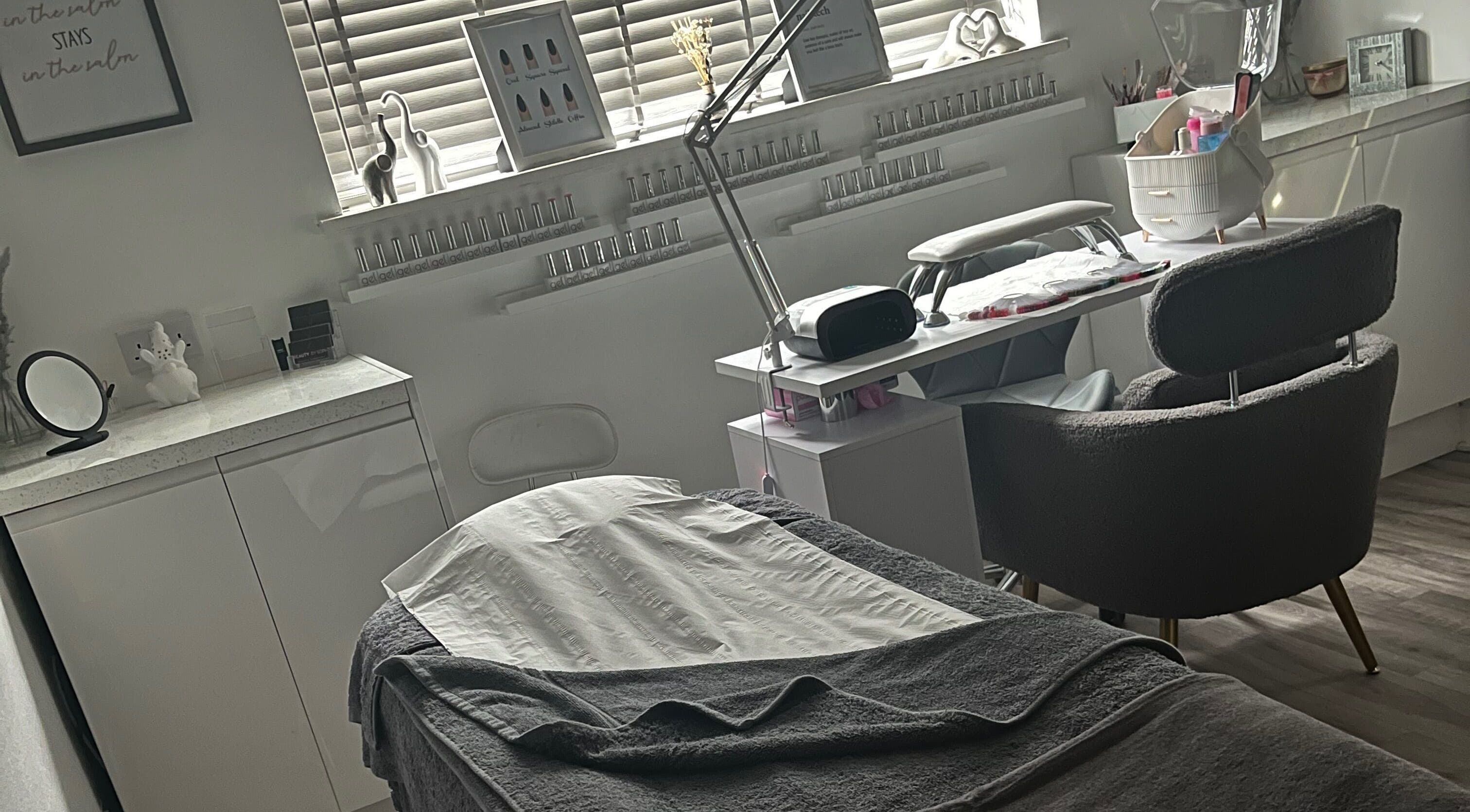 Calming treatment room at Beauty by Soph, Wickford, England, GB showcasing a modern nail station.