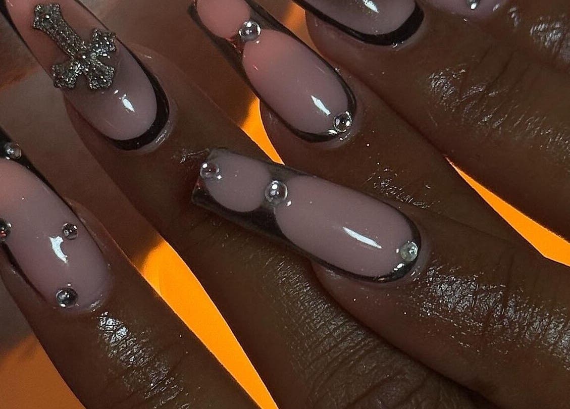 Elegant black and nude nails with rhinestones at Gemi Nailz, Cleveland, Queensland, AU.