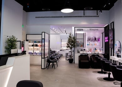 Chic and modern interior of Beauty Room Salon & Spa | Al Khwaneej in Dubai, Dubai, AE, showcasing hair stations.
