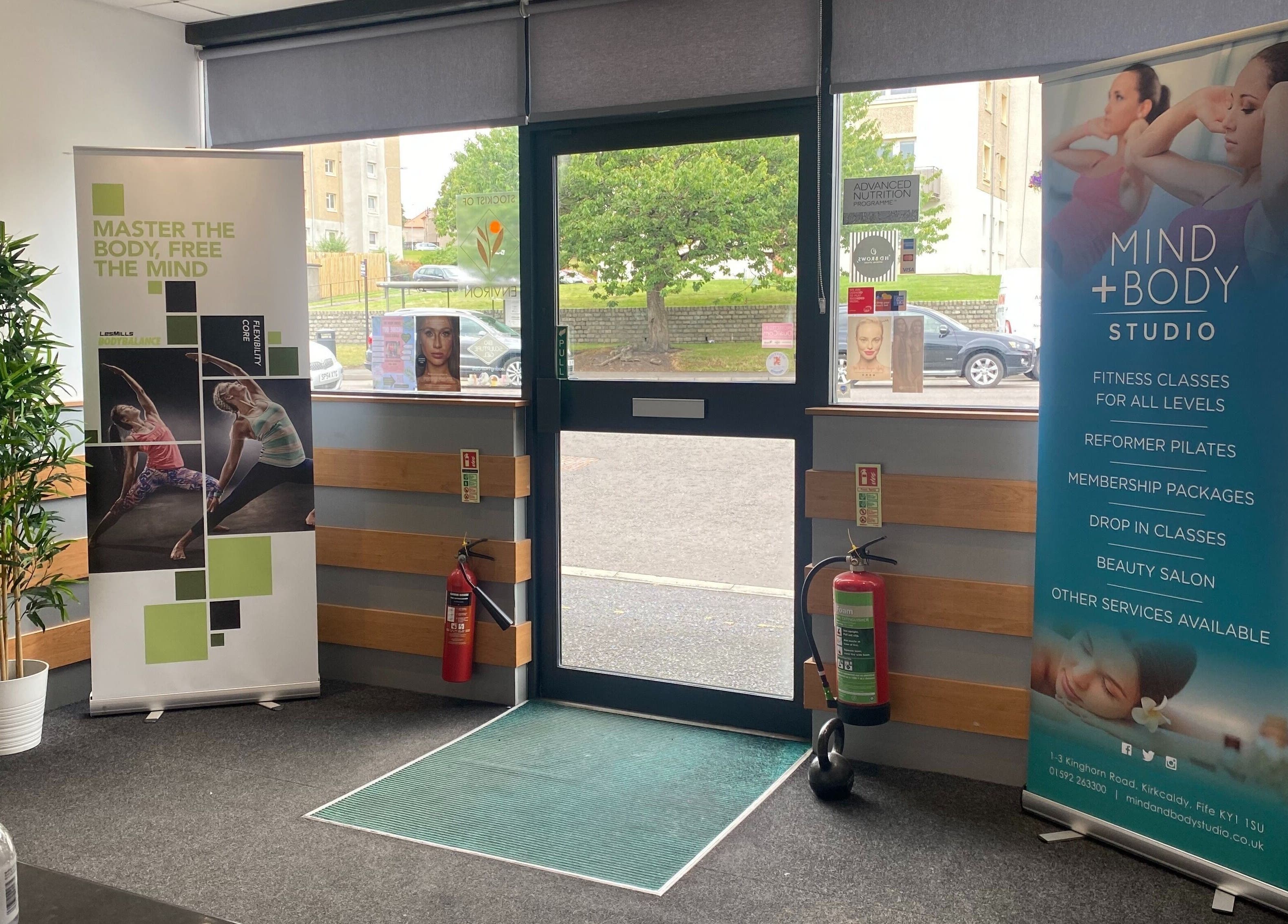 Entrance and promotional banners at Mind & Body Studio, Kirkcaldy, Scotland, GB.