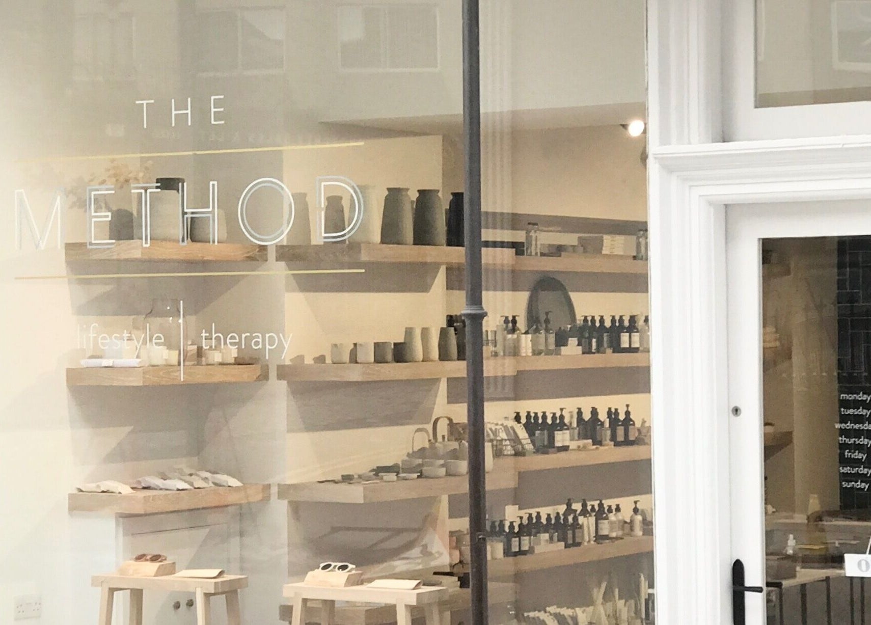 The Method wellness venue storefront displaying beauty products in Edinburgh, Scotland, GB.