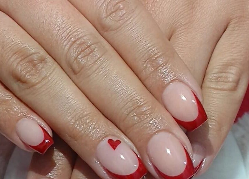 Stylish red heart manicure at GkaBeauty's nails lashes &brows, Johannesburg, Gauteng, ZA.
