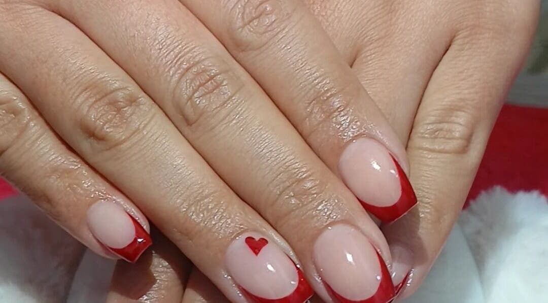 Stylish red heart manicure at GkaBeauty's nails lashes &brows, Johannesburg, Gauteng, ZA.