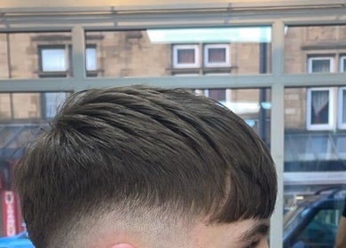 Close-up of a textured haircut with a fade at NJ Clipzz, Keighley, England, GB.