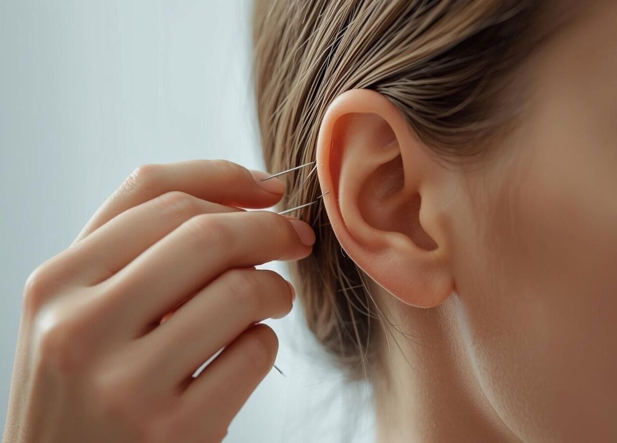 Close-up of ear acupuncture at Lt Holistics & Wellness, Lytham Saint Annes, England, GB.