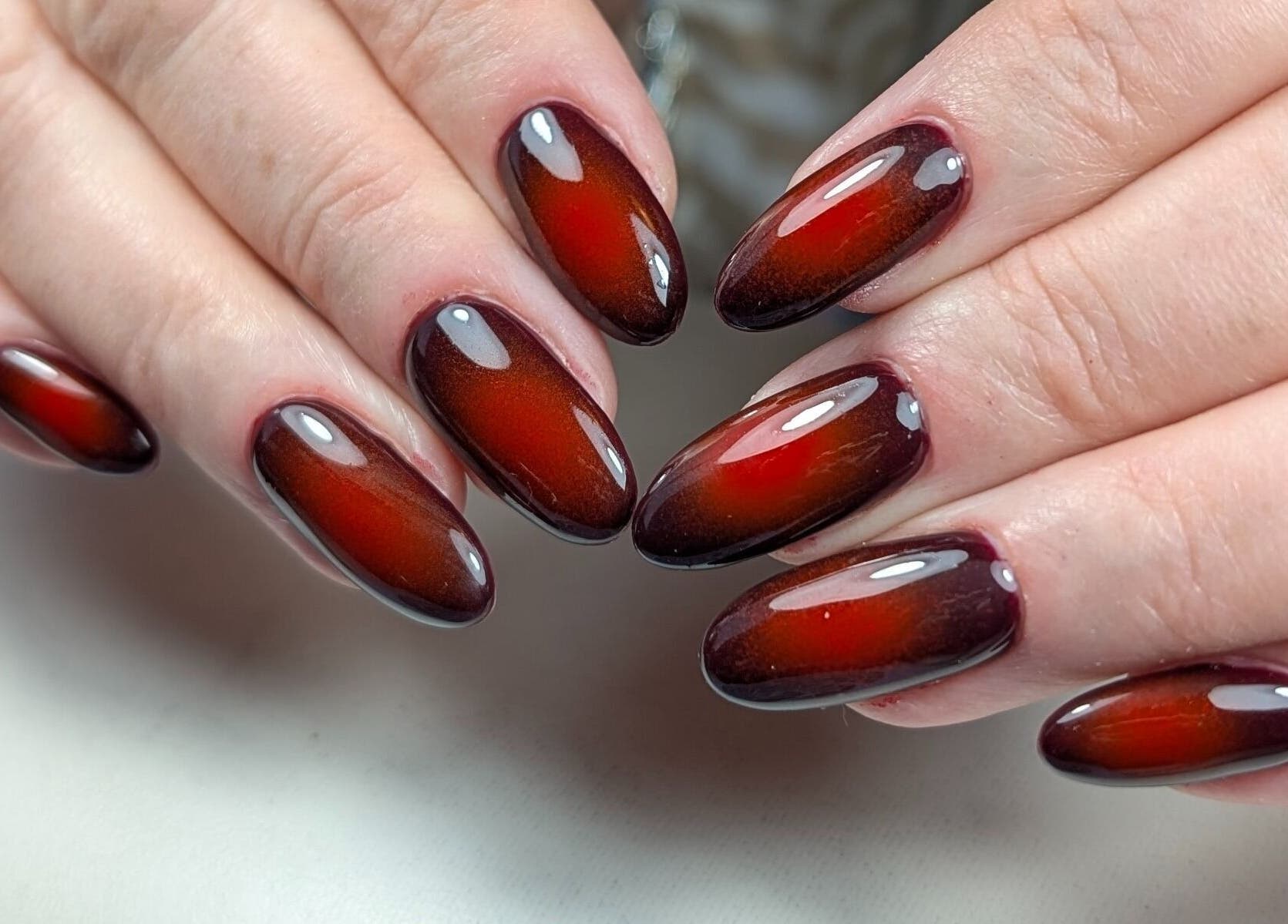 Red ombre nails styled at NUWAVE NAILS - Prestwick (Home Studio), Prestwick, Scotland, GB.