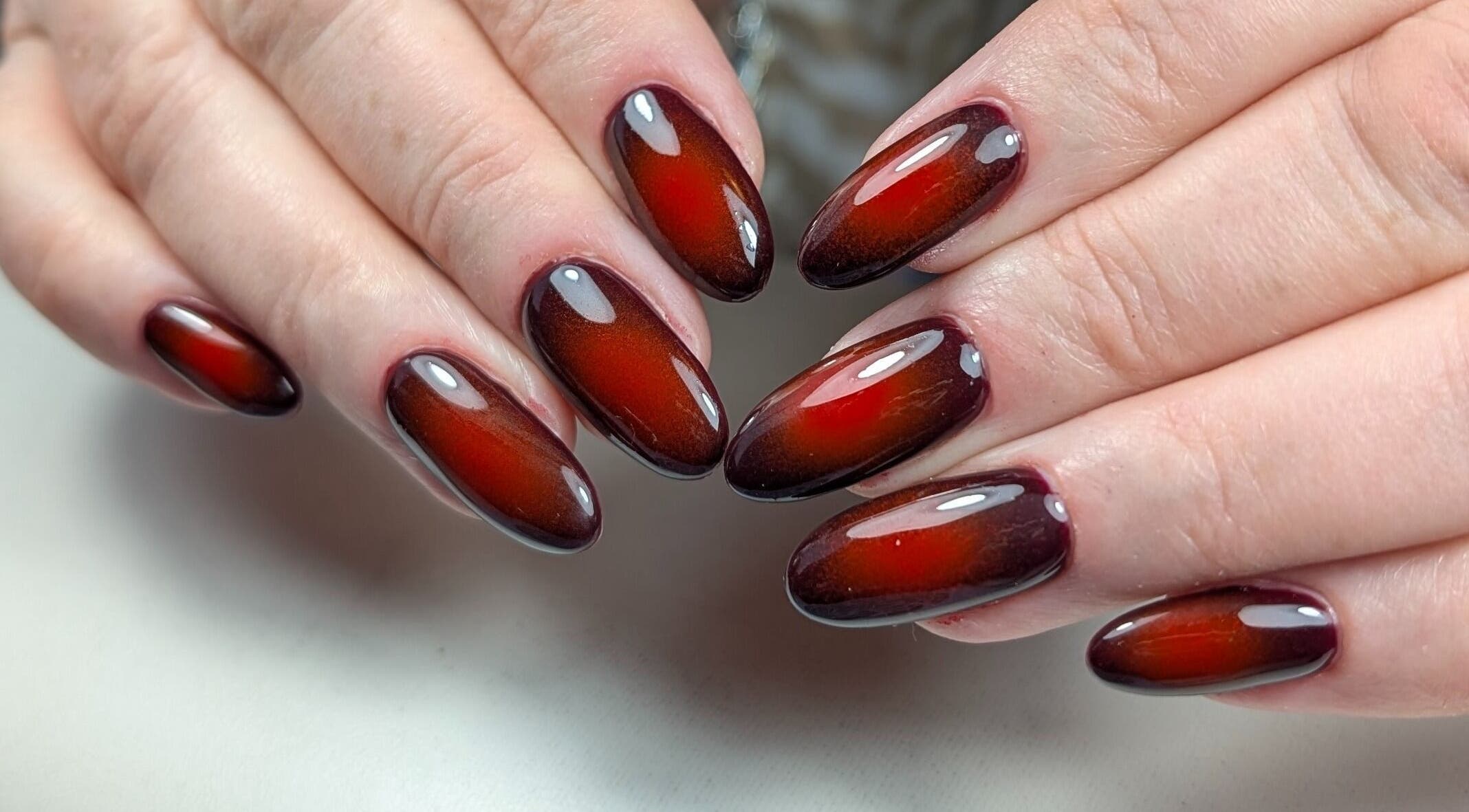 Red ombre nails styled at NUWAVE NAILS - Prestwick (Home Studio), Prestwick, Scotland, GB.