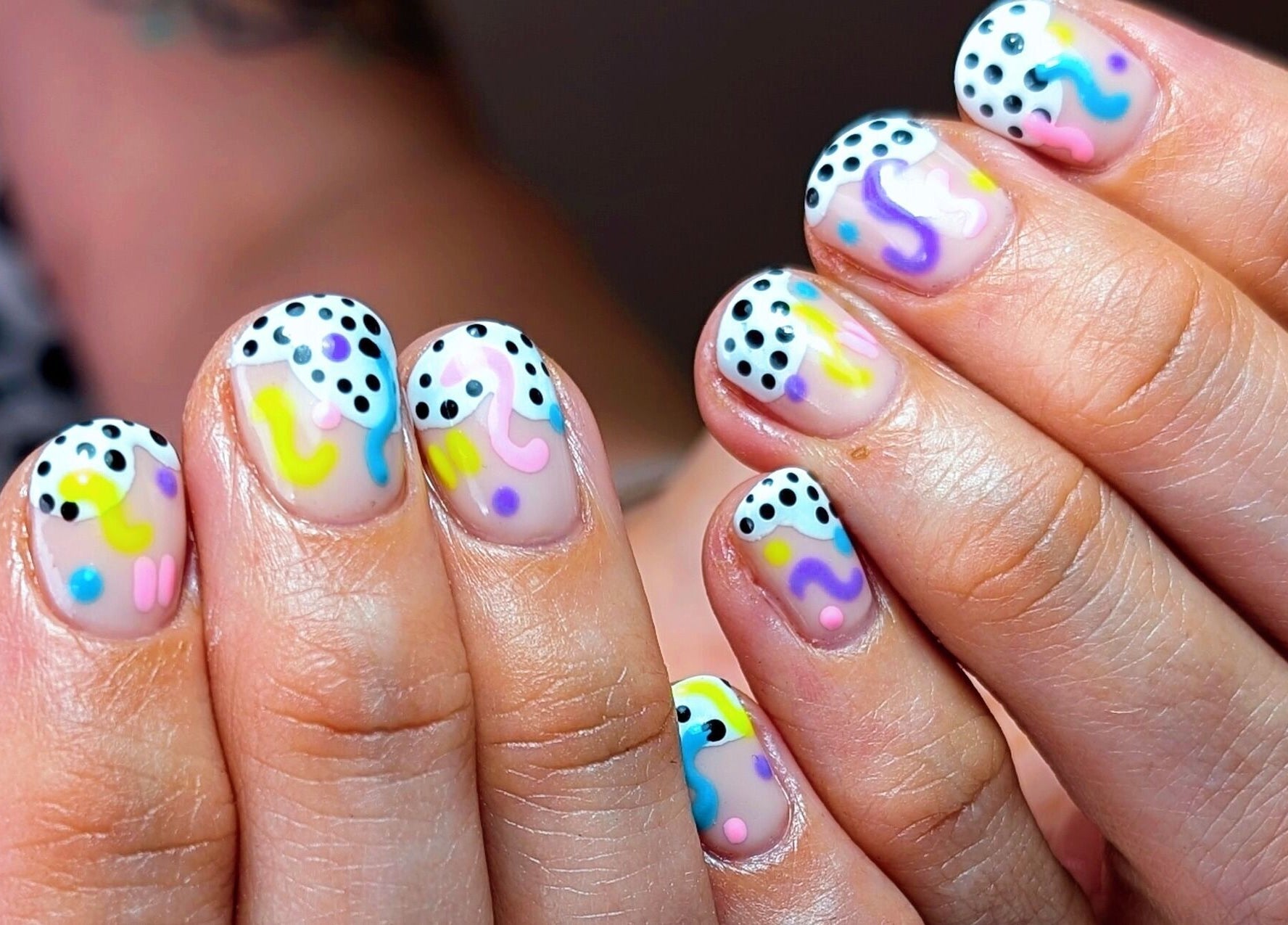 Vibrant nail art at NUWAVE NAILS - Prestwick (Home Studio), Prestwick, Scotland, GB with polka dots and swirls.