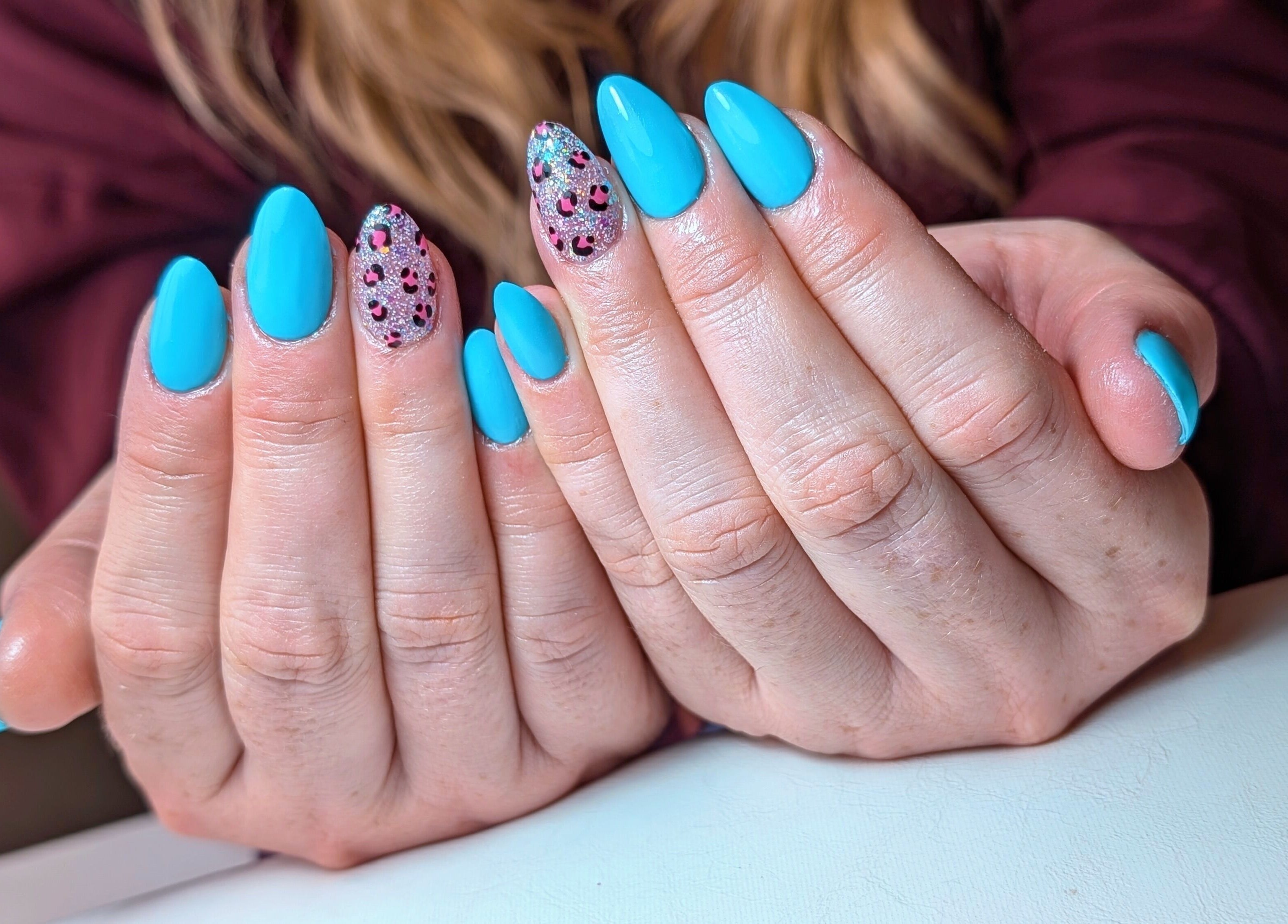Stylish blue and glitter nail art at NUWAVE NAILS - Prestwick (Home Studio), Prestwick, Scotland, GB.