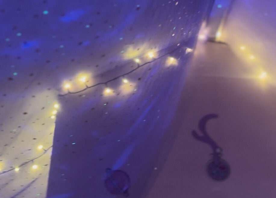 Soft, glowing fairy lights create a calming ambiance at Heaven On T’hill, Todmorden, England, GB.