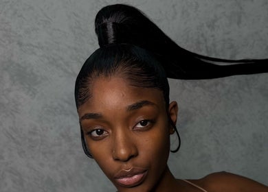 Sleek high ponytail hairstyle at Beaupalacee, Montego Bay, St. James Parish, JM.
