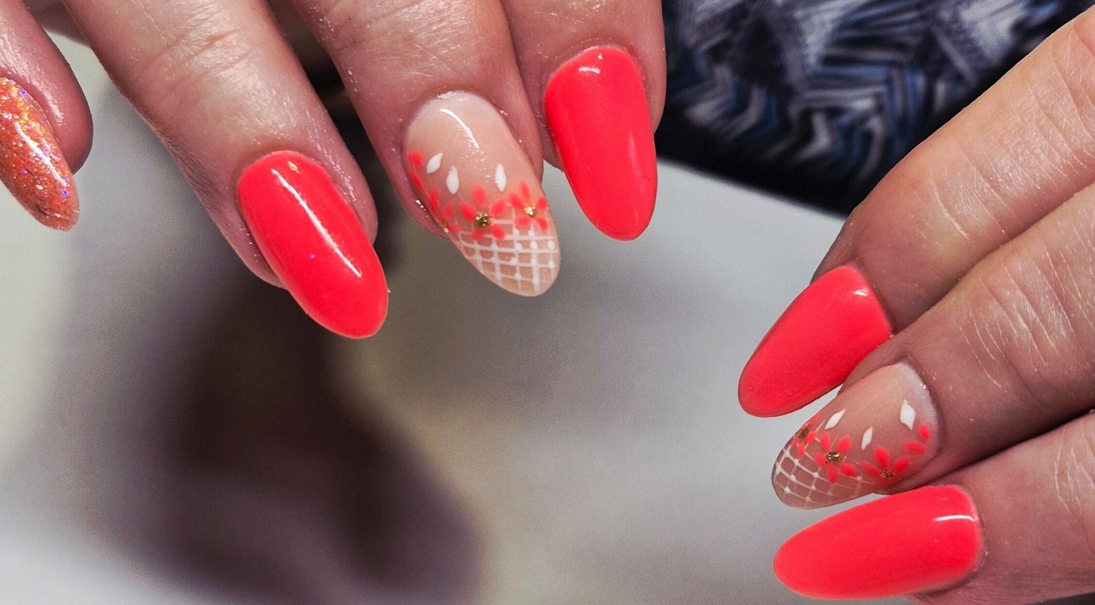 Stylish neon floral nail art at Anne's Nails & Toes in Pretoria, Gauteng, ZA.