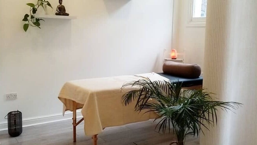 Tranquil massage room at Holistic BodyWork with Erica in Leeds, England, GB, featuring a peaceful setup.
