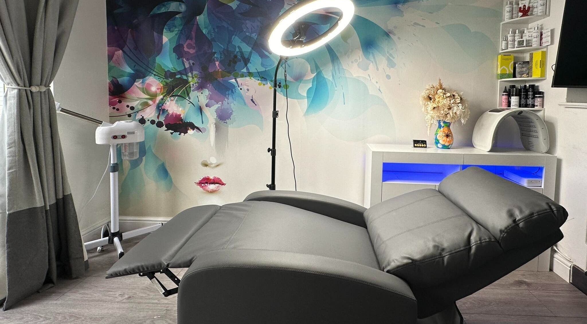 Luxurious treatment room at AR Beauty Bar, Stevenage, England, GB featuring modern decor and a comfortable chair.