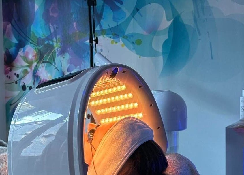 LED facial treatment at AR Beauty Bar, Stevenage, England, GB, showcasing advanced skincare technology.