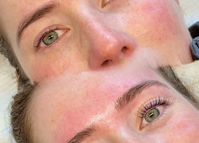 Close-up of enhanced brows and lashes at JSbrowbar_, Melbourne, Victoria, AU.