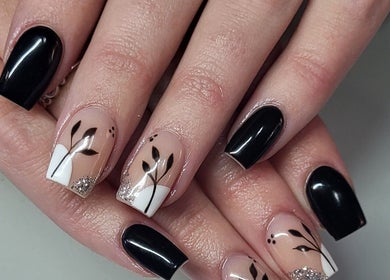 Chic black and floral nail art at Nails by Zanecke, Boksburg, Gauteng, ZA.