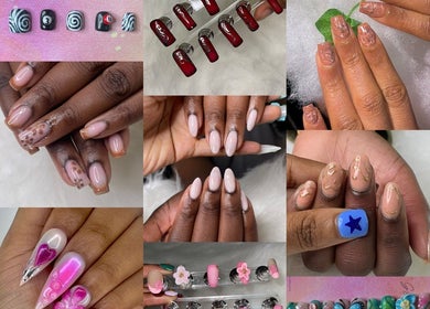 Diverse nail designs at OG Nailbar (Manchester) in Manchester, England, GB showcasing intricate patterns and colors.