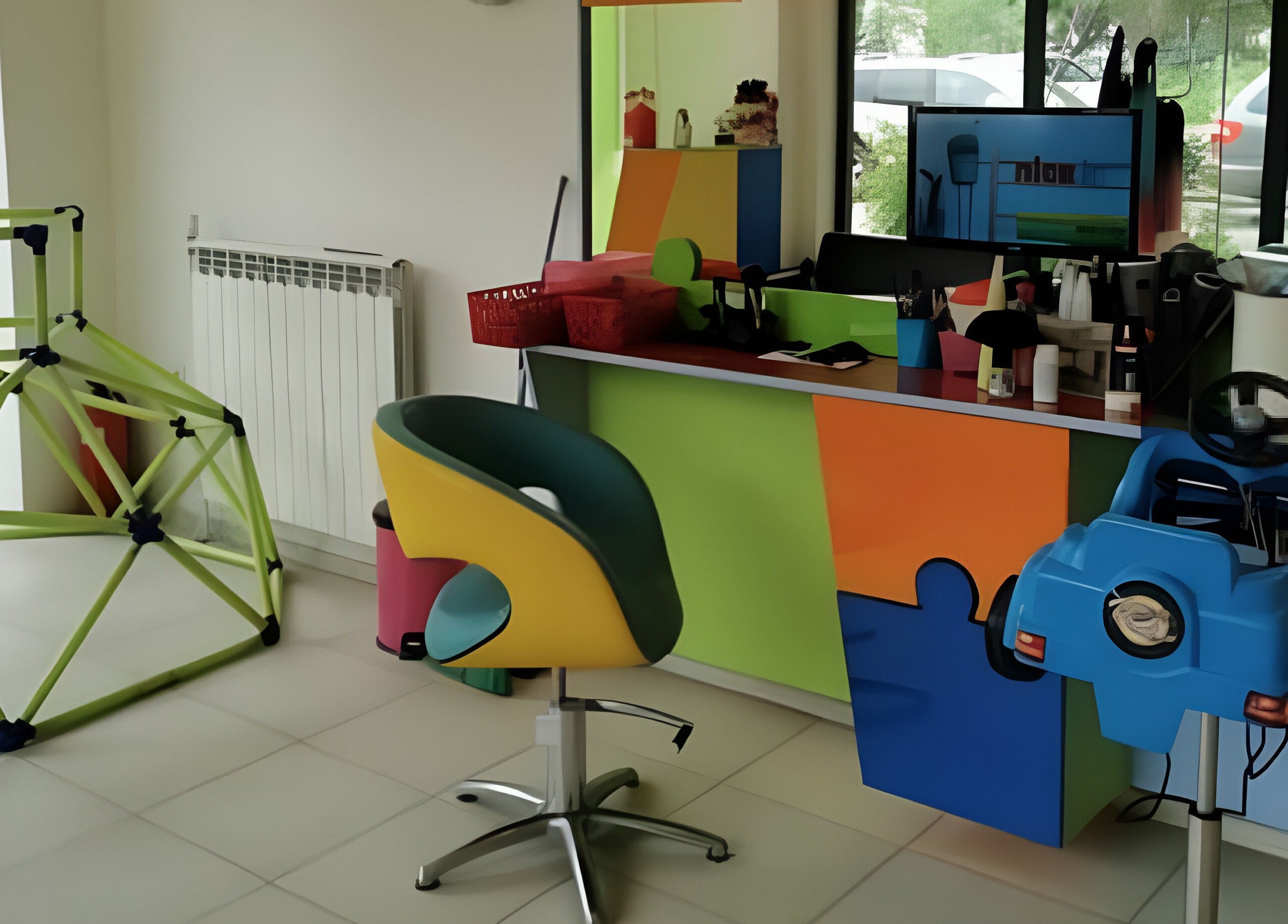 Ярък и забавен детски кът в ПЪЗЕЛ София кв. Надежда, София, BG с играчки и цветна мебел.