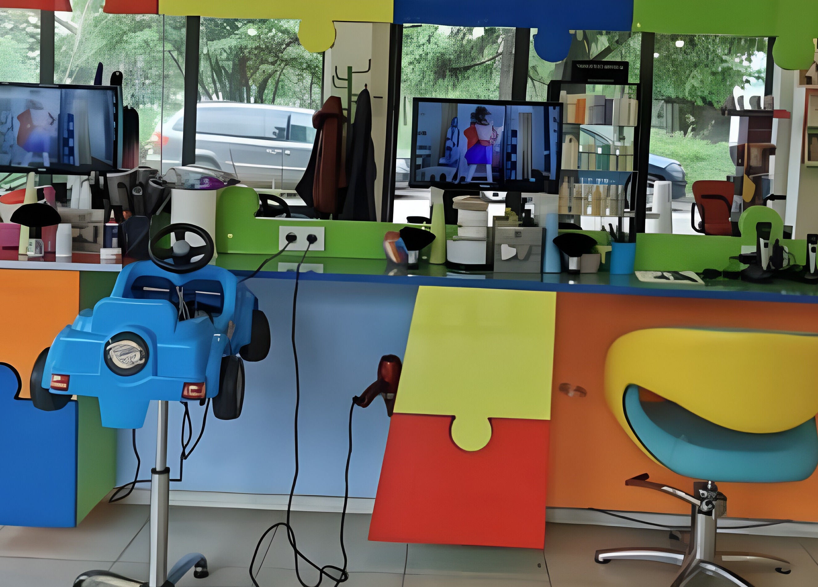 Ярък детски кът за подстригване в ПЪЗЕЛ София кв. Надежда, София, BG с играчки и телевизор.