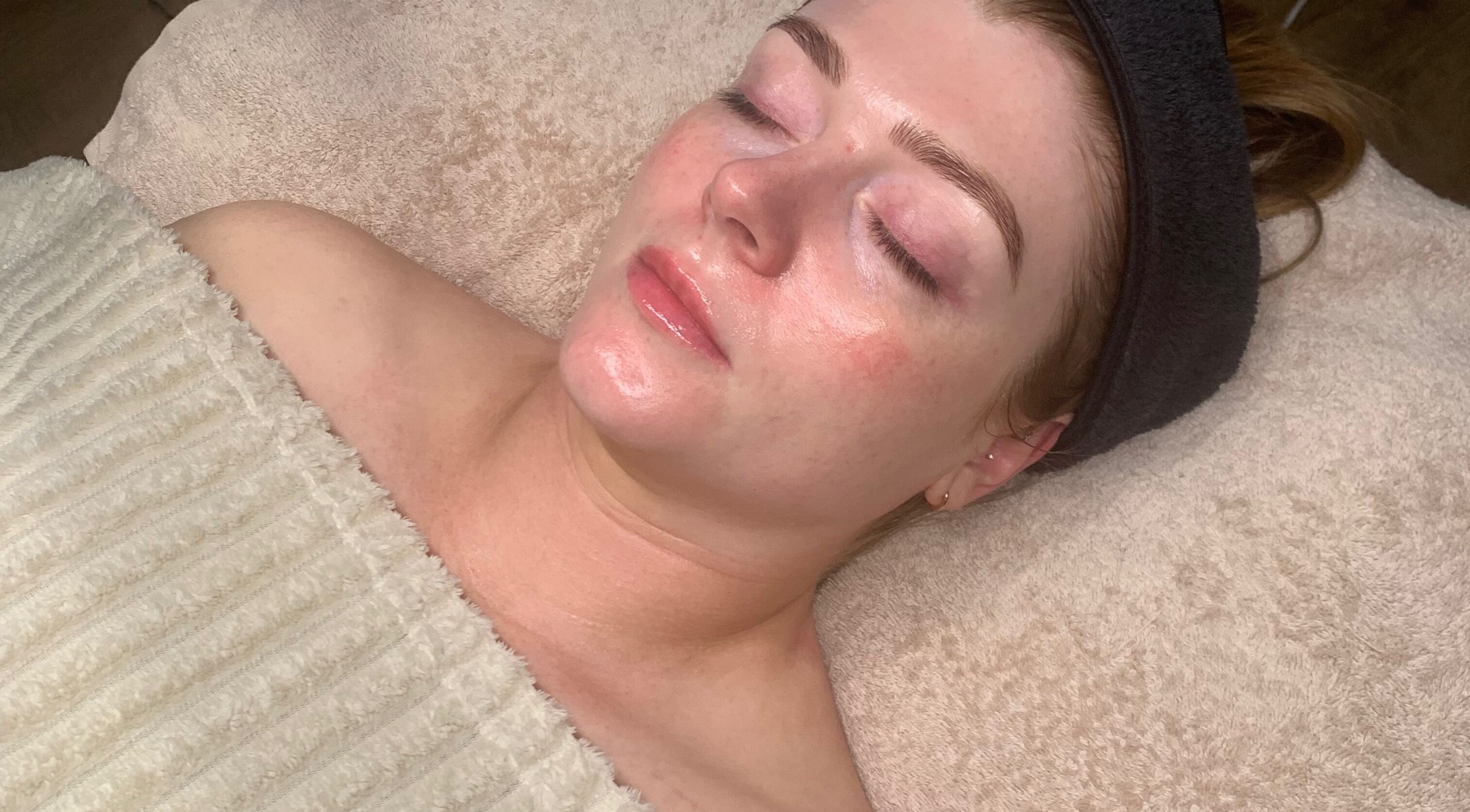Relaxed client experiencing a calming facial at Skin Luminosity by Lydia, Southend on Sea, England, GB.