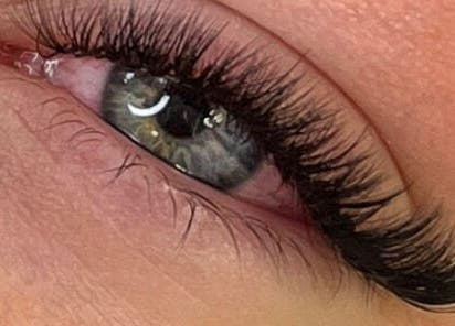 Close-up of expertly applied eyelash extensions at Lashed by Charlotte, Hibaldstow, England, GB.