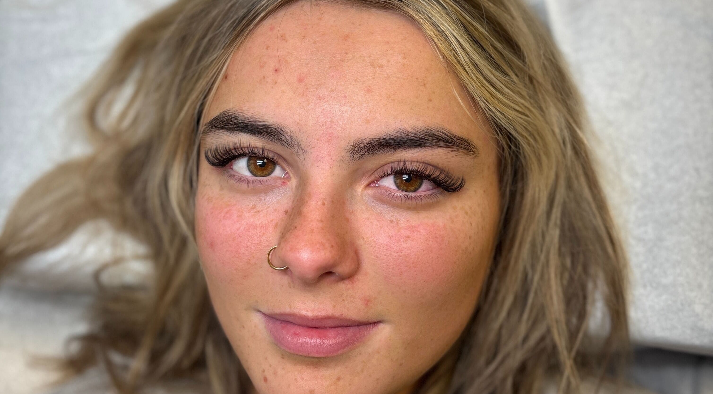 Close-up of client's glamorous lashes at Lashed by Charlotte, Hibaldstow, England, GB.