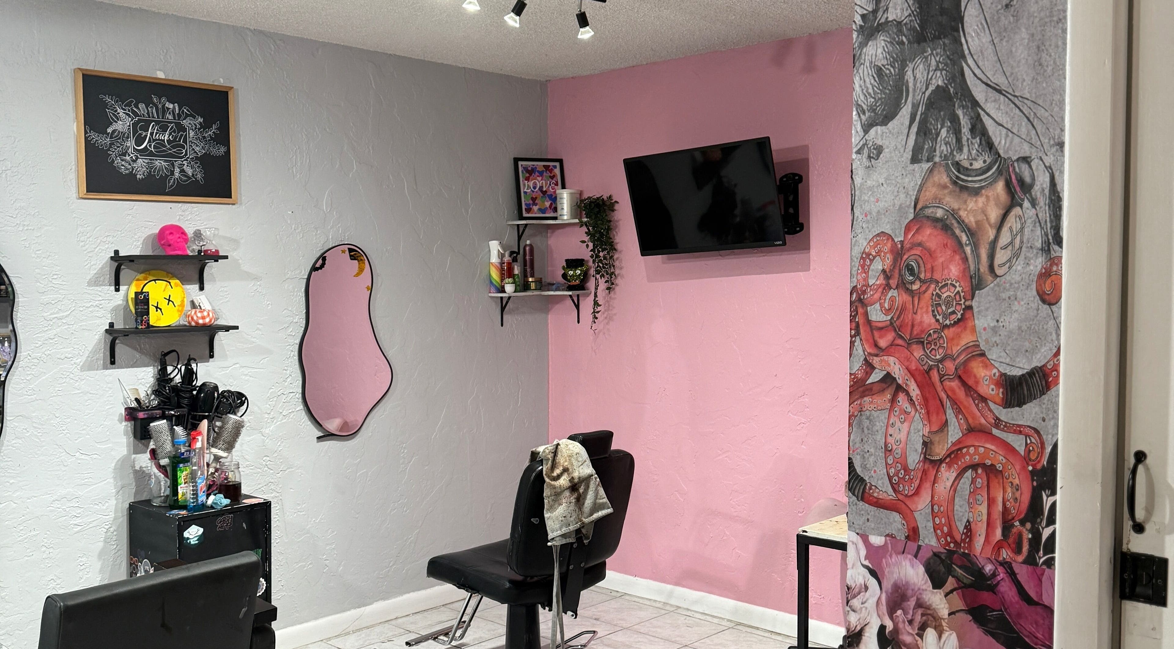 Modern styling chair in pink and gray interior of Studio 17, Cutler Bay, Florida, US.