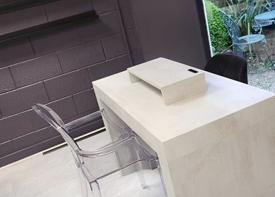 Modern nail desk setup at Salon Underground, Longridge, England, GB with garden view.