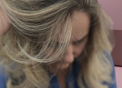 Close-up of styled blonde hair at The White Hair in Barnsley, England, GB. Elegant and chic.
