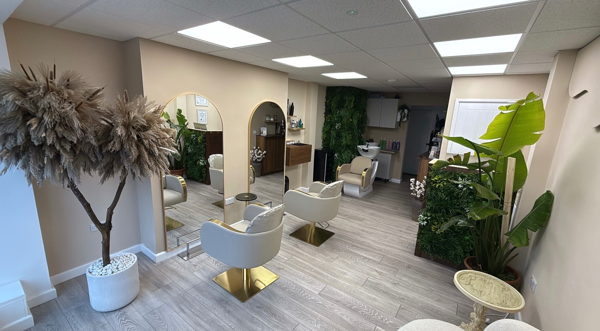 Chic interior of The White Hair in Barnsley, England, GB, featuring stylish chairs and lush greenery.