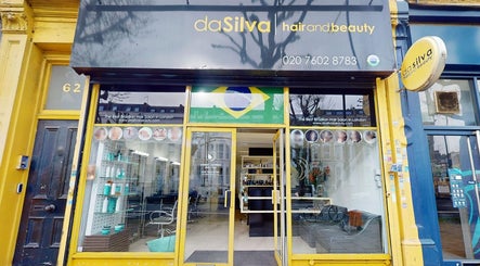 Da Silva Hair & Beauty storefront with Brazilian flag in London, England, GB.