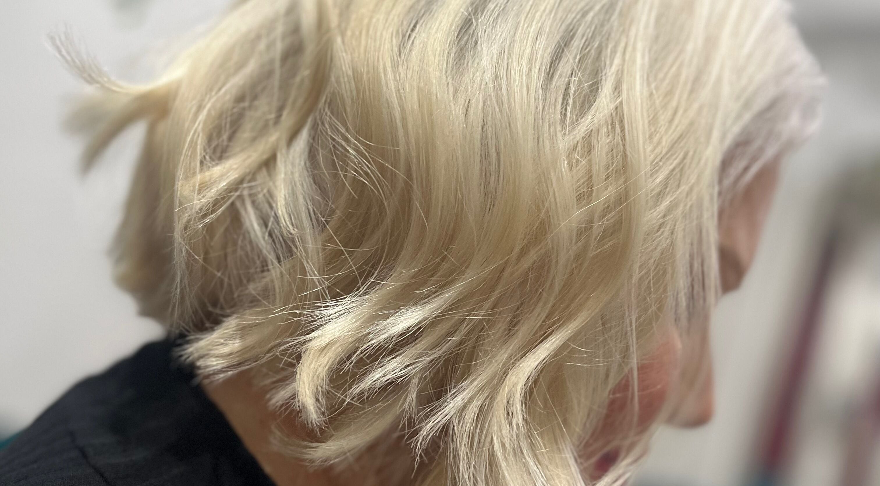 Blonde bob hairstyle at Hair by Lyds, Pontypridd, Wales, GB. Stylish and elegant hairdo for a modern look.