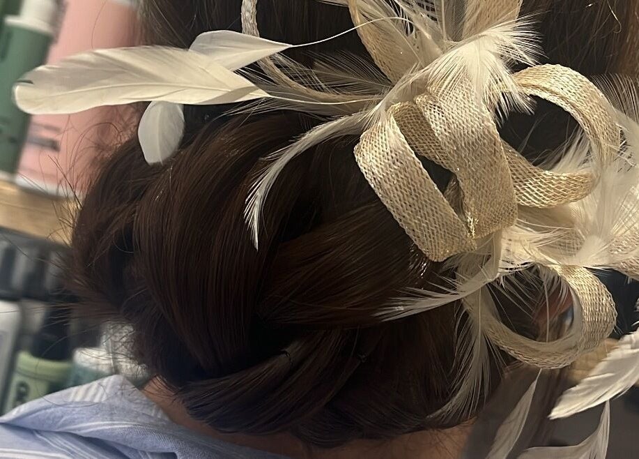 Elegant updo with feathers at Hair by Lyds in Pontypridd, Wales, GB. Perfect for special occasions.