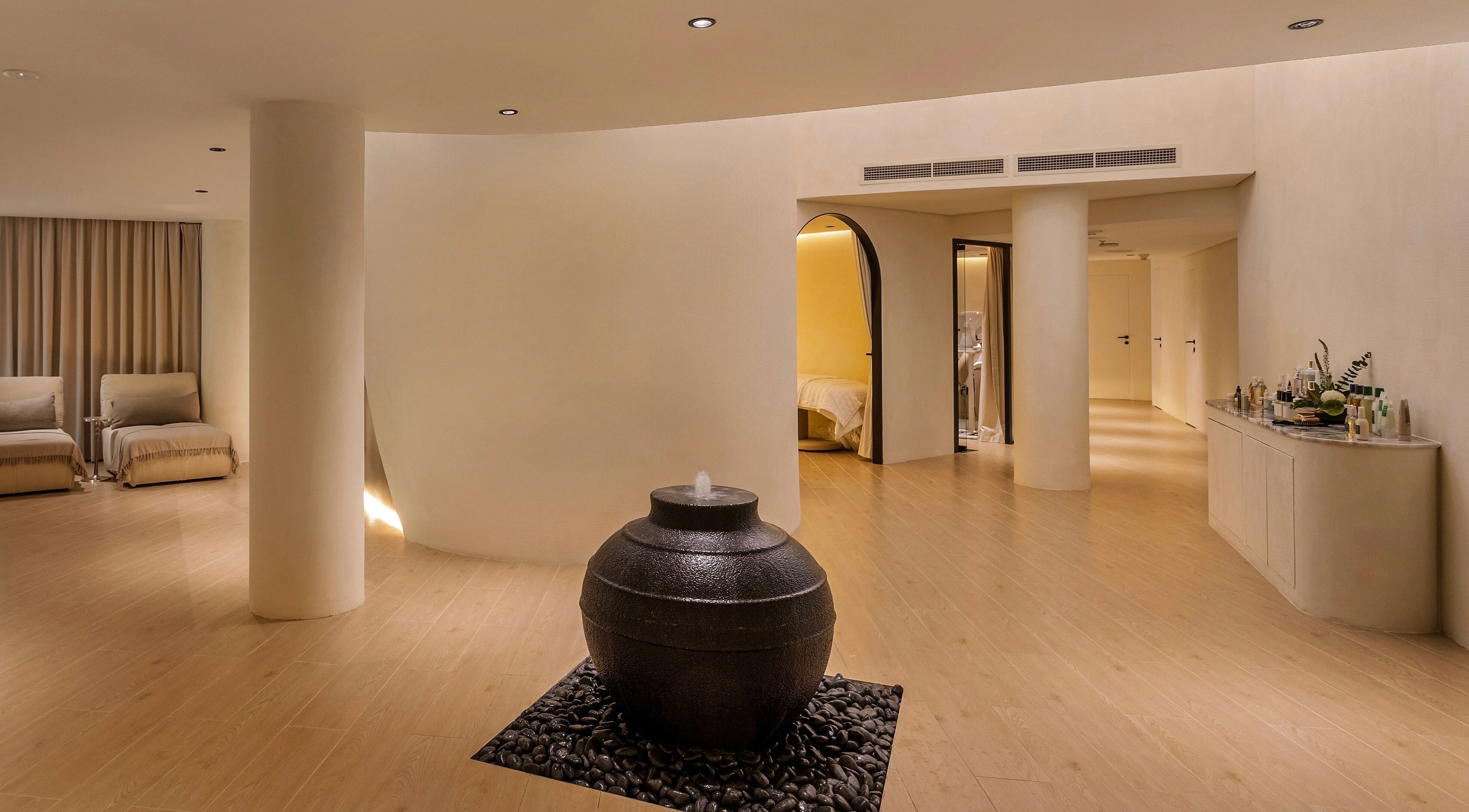 Tranquil lounge at Aire MD by Casa Aire Wellness, Dubai, Dubai, AE with soft lighting and minimalist decor.