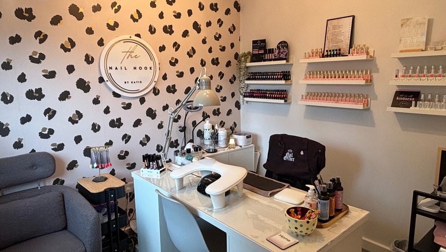 Elegant nail salon setup at The Nail Nook, Horley, England, GB with stylish decor and extensive polish options.